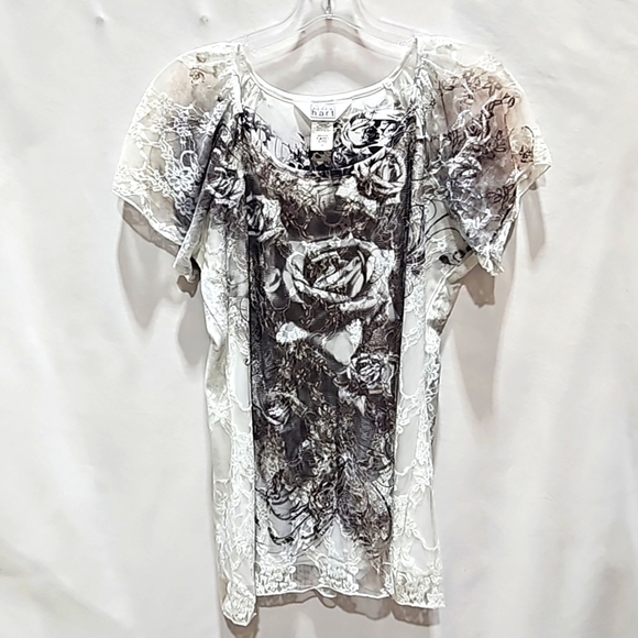 Karen Hart Top, Lace Overlay Sz Sm, 3D Print, Lace Sleeves, Scoop Neck - Picture 1 of 10